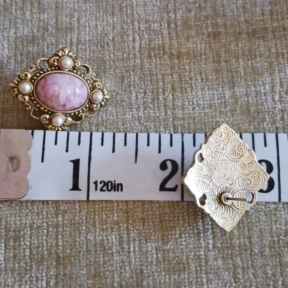 Gold Tone Faux Pearl & Pink Stone Post Earrings